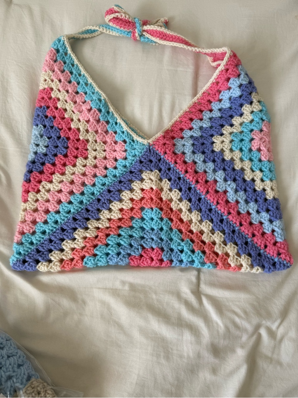 Crocheted Multicolor Hobo Bag - Pink, Blue & Cream